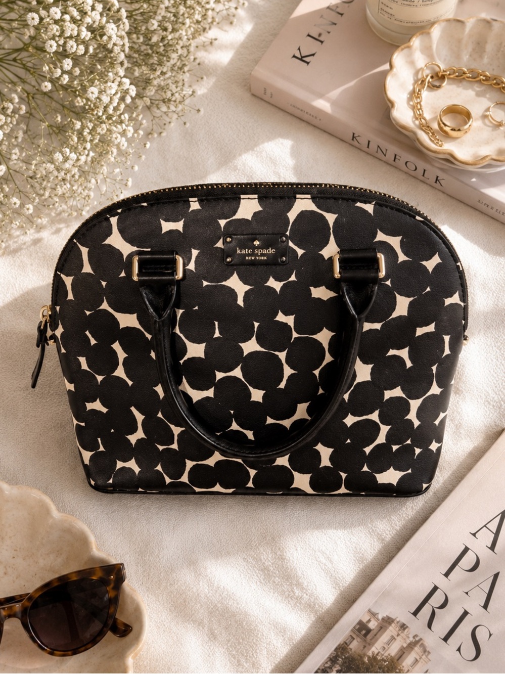 Kate Spade Carli Grove Street Splodge Dot Satchel Black White Leather WKRU4677